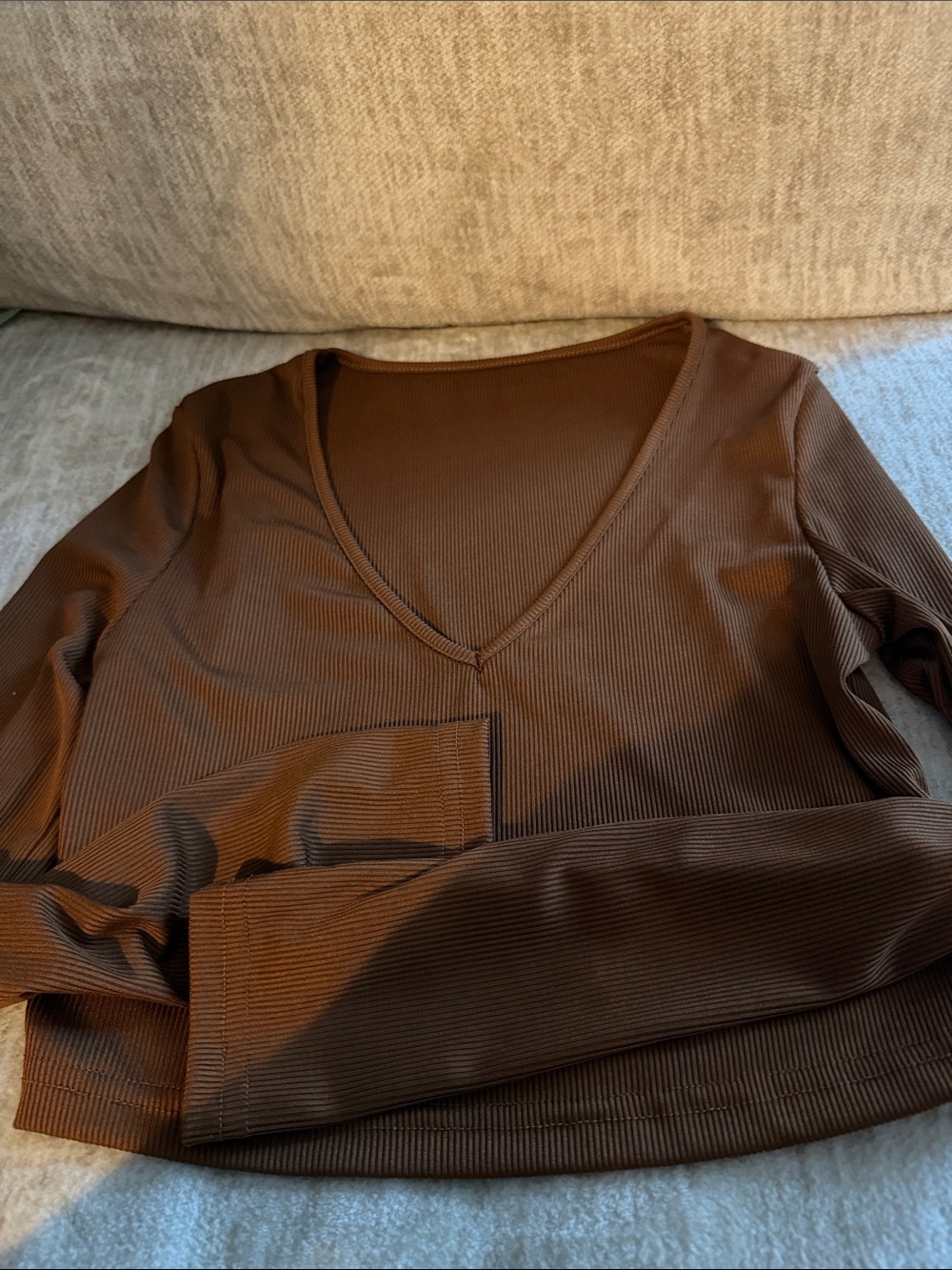 Brown Ribbed V-Neck Long Sleeve Top